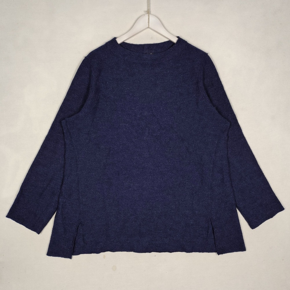 Eileen Fisher Navy Blue 100% Merino Wool Crew Neck Boxy Sweater Large L
